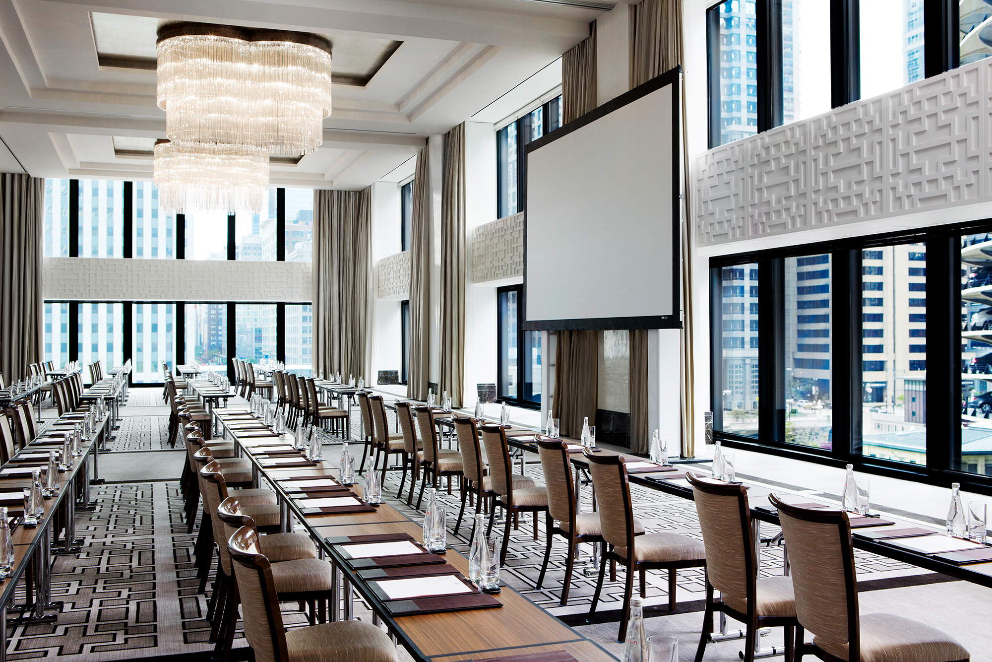 A large event venue at The Langham, Chicago with a business dining setting.