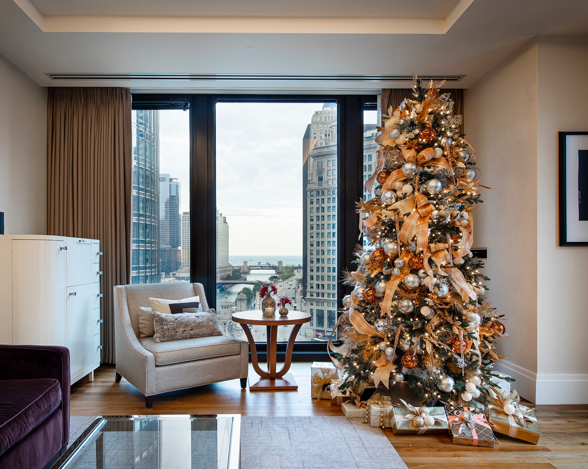 One Bedroom lake View Suite with a Christmas Tree Display at The Langham, Chicago